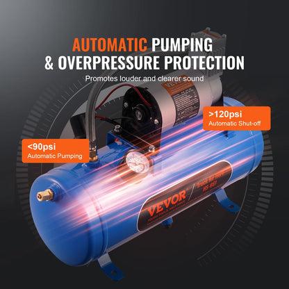 VEVOR 12V Air Compressor with 1.6 Gallon Tank, Train Horn Compressor, 120 psi Working Pressure, Inflating Tires, Air Mattresses