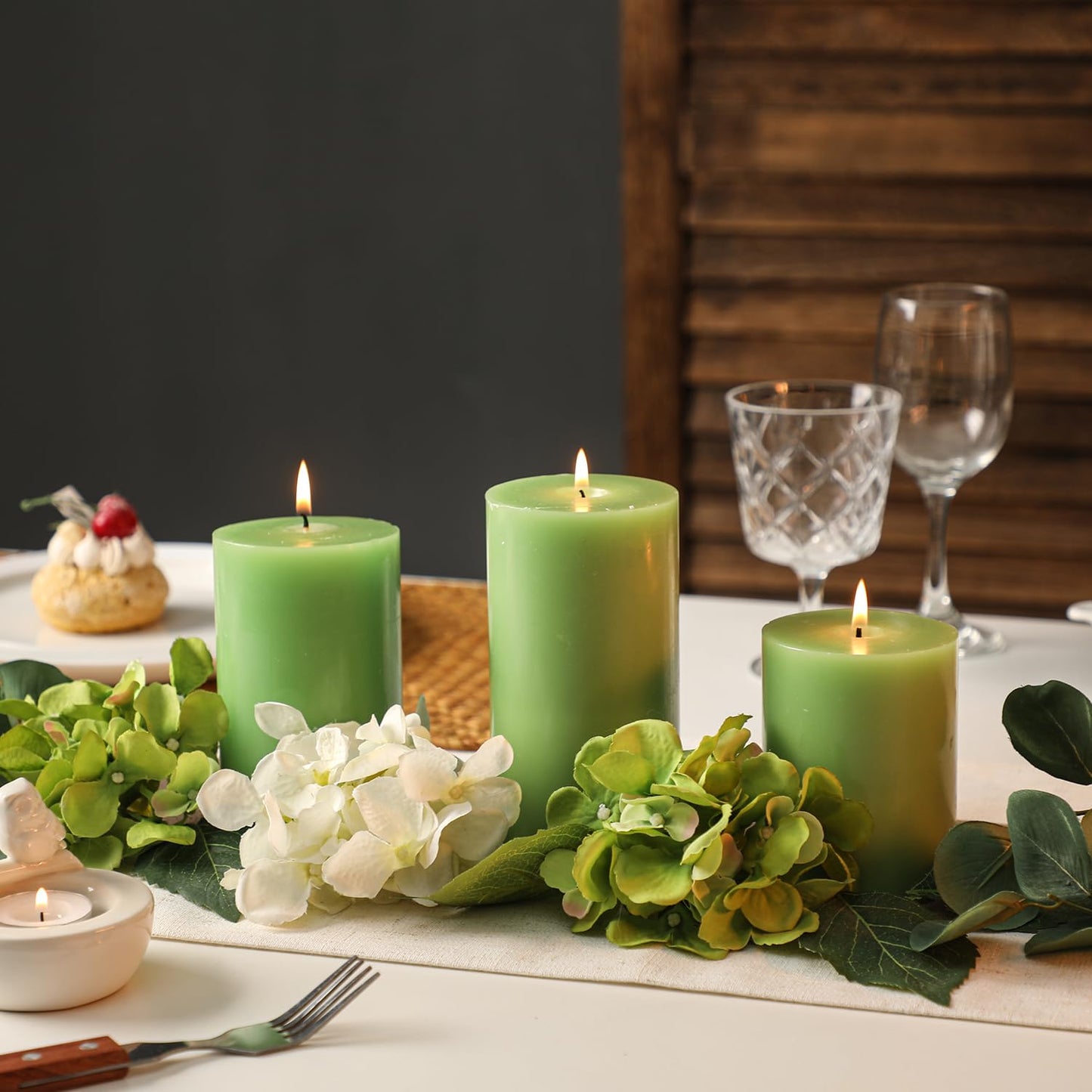 Green Pillar Candles Set of 3 - Spring Green Candles Decorations, Hand-Poured Unscented Candle, Smokeless Decorative Candle for Home, Set of 3 in Different Sizes (4", 5", 6")