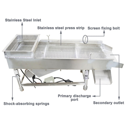 TECHTONGDA Straight Vibrating Sieve Screen Shaker Electric Linear Sifter Machine Stainless Steel One Layer One Motor 11.8 * 29.5inch Screen Size with 3 * 20mm Long Strip Hole Mesh 110V
