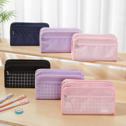 Sooez Large Pencil Case, Big Capacity Pencil Pouch Pen Bag with 3 Compartment, Portable Canvas Stationery Organizer with Zipper, Cute Aesthetic School Supplies for Teen Girls Boy, Pure Black
