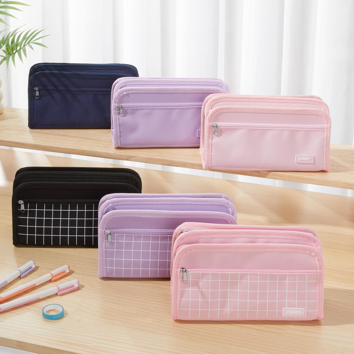 Sooez Large Pencil Case, Big Capacity Pencil Pouch Pen Bag with 3 Compartment, Portable Canvas Stationery Organizer with Zipper, Cute Aesthetic School Supplies for Teen Girls College, Pure Pink