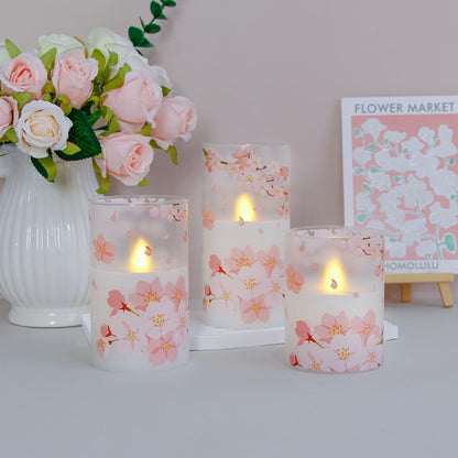 Mavandes Flameless Flickering Glass Candles with Remote and Timer,Cherry Blossoms LED Battery Operated Real Wax Set of 3 Realistic Wick Electric Pillar Candles,Warm Fire(3 x 4, 5, 6 Inches)