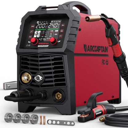 ARCCAPTAIN Pulse MIG Welder, 200A 7 In 1 Pulse MIG/Gas MIG/Flux Core MIG/Stick/Lift TIG/Spot Welding/Spool Gun 110V 220V Aluminum Welding Thin Sheet Metal Welding Machine with LED Digital Display