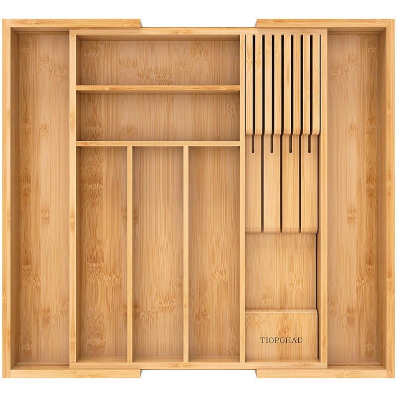 TIOPGHAD Bamboo-Silverware-Drawer-Organizer-Kitchen, Expandable Utensil Holder Cutlery Tray Flatware Organization Adjustable Wood Tableware Dividers Storage (with Removable Knife Block)(Natural)
