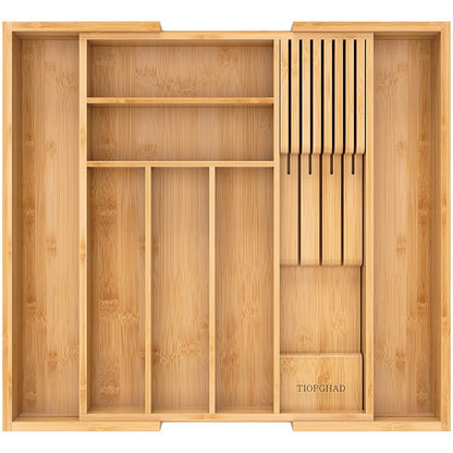 TIOPGHAD Bamboo-Silverware-Drawer-Organizer-Kitchen, Expandable Utensil Holder Cutlery Tray Flatware Organization Adjustable Wood Tableware Dividers Storage (with Removable Knife Block)(Natural)