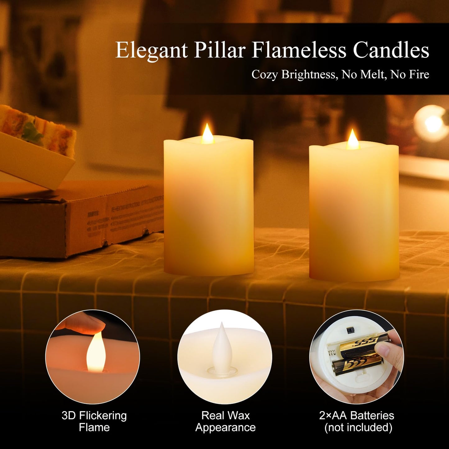 milysoek 3x4 Flickering Flameless Candles Set of 3,Real Wax Pillar LED Candles,with Timer,4 inch Flameless Candles with Remote,for Party Wedding Holiday Home Decor,Ivory