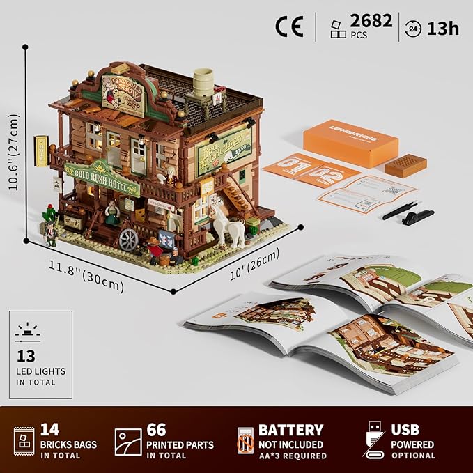 Western-Inn Lighting-Building-Bricks Set - 2682 Pcs The Old West Inn Light Construction Hotel Building Model Set for Adults and West Lovers