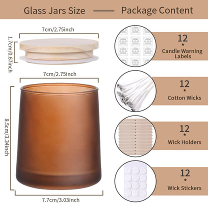 DARJEN 12 Pack Frosted Amber Candle Jars for Making Candles- 9 OZ Empty Glass Candle Making Jars with Making Kits, Candle Making Supplies Candle Containers for Home DIY & GIFS