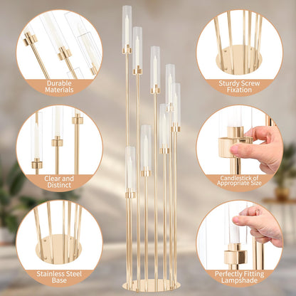 2 Sets Gold Candelabra,12 Arm Candlestick Holders with Acrylic Shades, 46'' High Large Floor Candle Holders for Wedding Centerpieces Table Decorations Fit 0.9" Candles and LED Taper Candles