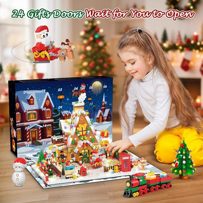 Advent Calendar 2025 Gingerbread House Mini Building Set with Lights 24 Days Christmas Countdown Building Block Kit with Xmas Tree Train Holiday Gift Toy for Adults Teens Girls Boys Ages 10+