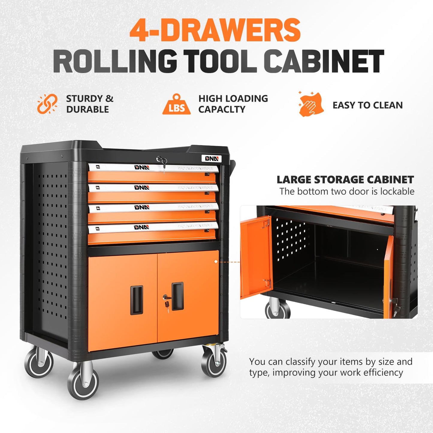 DNA Motoring 4-Drawer Rolling Tools Chest, Rolling Tool Storage Cabinet, Heavy Duty Mechanic Tool Cart, Trolley Organizer for Garage, Warehouse, Workshop, Orange, TOOLS-00402