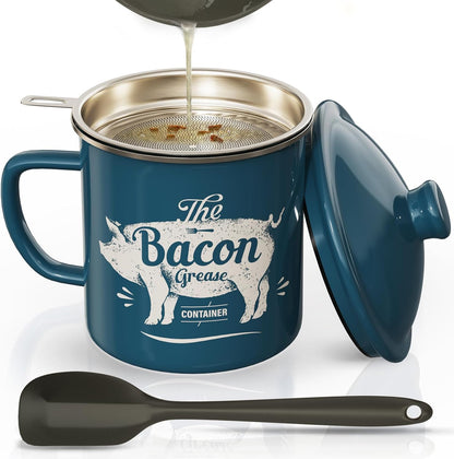 Skiennix Bacon Grease Container - 46oz Enamel Keeper with Strainer & Silicone Spatula | Dishwasher Safe - Blue