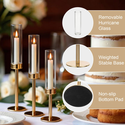 C COMCROSFLY Gold Candle Holders Set of 3, Elegant Glass Hurricane Candlestick Holders for Table Centerpiece, Wedding Decor, Modern Tall Candle Stick Holder for Dining Table, Home Decoration