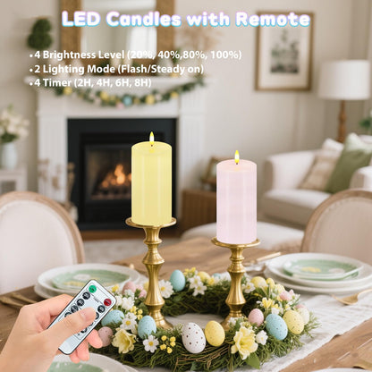 Pastel Flameless Candles, Set of 2 6"x3" Flickering Spring LED Candles with Remote & Timer, Dimmable Real Wax Easter Pillar Candles Battery Operated, Electric Candles for Home Spring Easter Decor