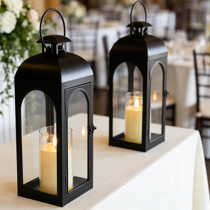 Damsico Lantern Decorative Indoor & Outdoor, 16.5IN Large Hanging Candle Lanterns, Black Metal Decorative Candle Lanterns, Waterproof Hanging Lantern for Porch Patio Wedding Home