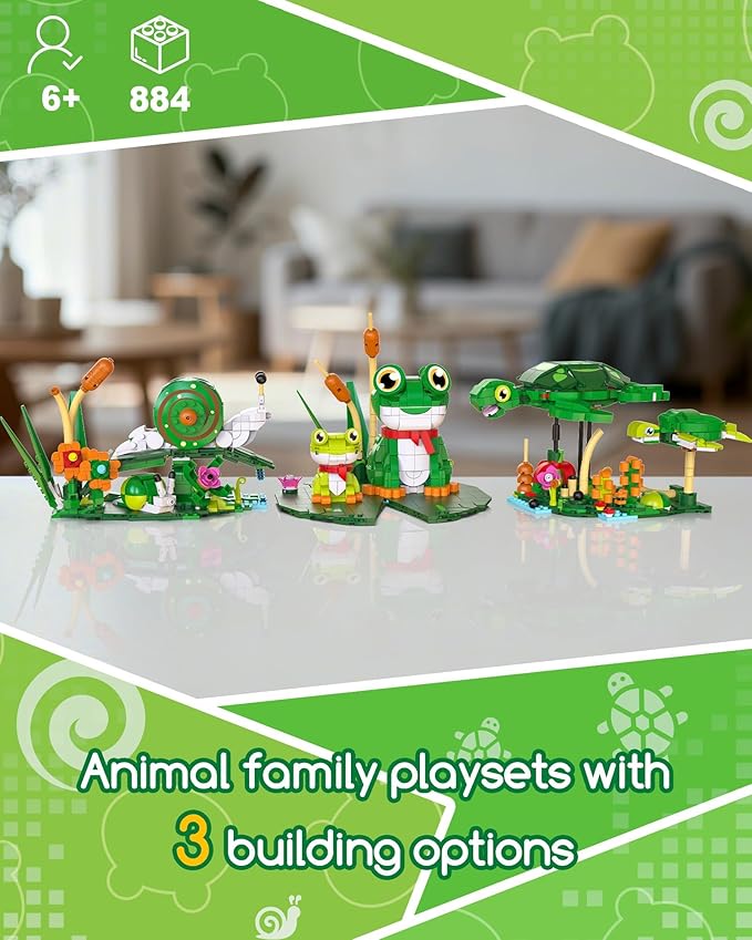 3 in 1 Animals Frog Family Building Set - Animal Figures with 3 Building Options Create Frog Turtle or Snail Family - Educational Toy Birthday Gift for Girls and Boys Ages 6+