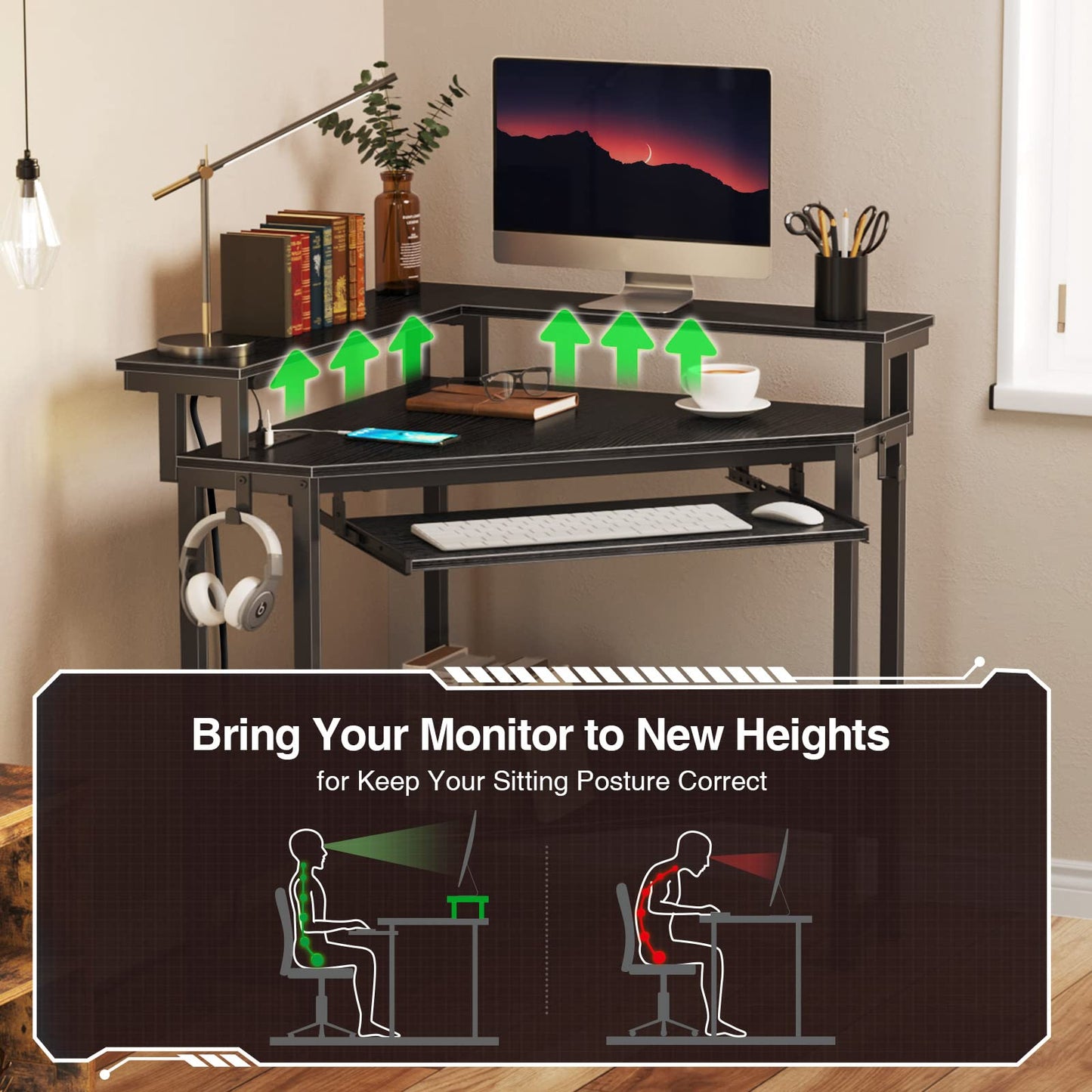 Rolanstar Corner Desk,44.5" W x 34.5" H Small Computer Desk with Power Outlets, Gaming Desk with LED Lights, Triangle Corner Table with Keyboard Tray & Monitor Stand for Small Space, Black