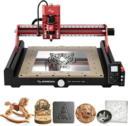 AtomStack C4 Pro CNC Router 200W - Cuts Aluminum, Soft Metal, Wood, Acrylic, PCB - 16.5x16.5 in, 12,000 RPM Spindle, 4-Point Centering - Desktop Milling Machine, Grbl Compatible