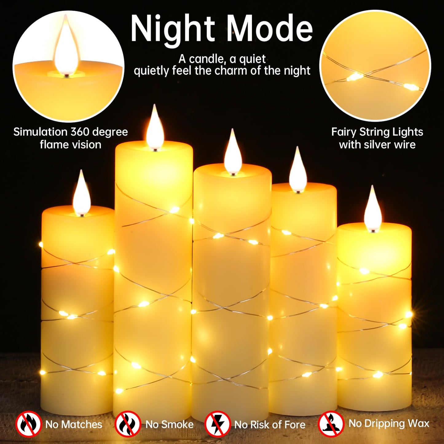 Da by 5 Pack Ivory Real Wax Flameless Taper Candles, Lifelike Flickering LED Flame Candles with Surrounding Fairy String Lights, Battery Candles with Remote for Home Wedding Holiday Decor