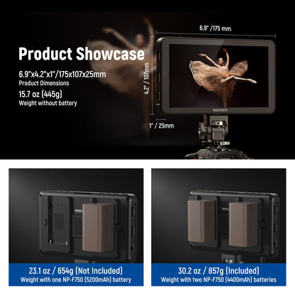NEEWER F700 7" Camera Field Monitor, 2000nit HD 1920x1080 IPS Touch Screen 3D LUT, 4K HDMI Loop in/Out Peak Focus DSLR Video Assist HDR Waveform, Cold Shoe Mount, 2 NP-F750 Batteries, Cleaning Cloth