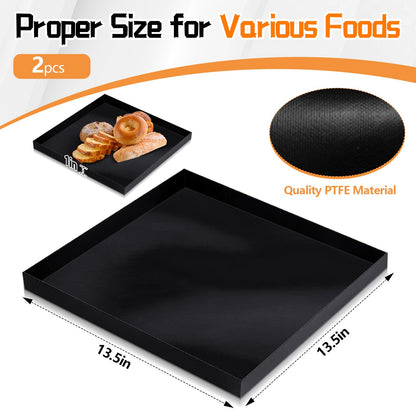 Teenyyou 2 Pcs 13.5'' x 13.5'' x 1'' PTFE Solid Oven Basket, Cooking Oven Trays, Non stick Kitchen Cooking Basket, Black Baking Sheet, Trays for Accessories Chips Chicken Wings Bread Heating