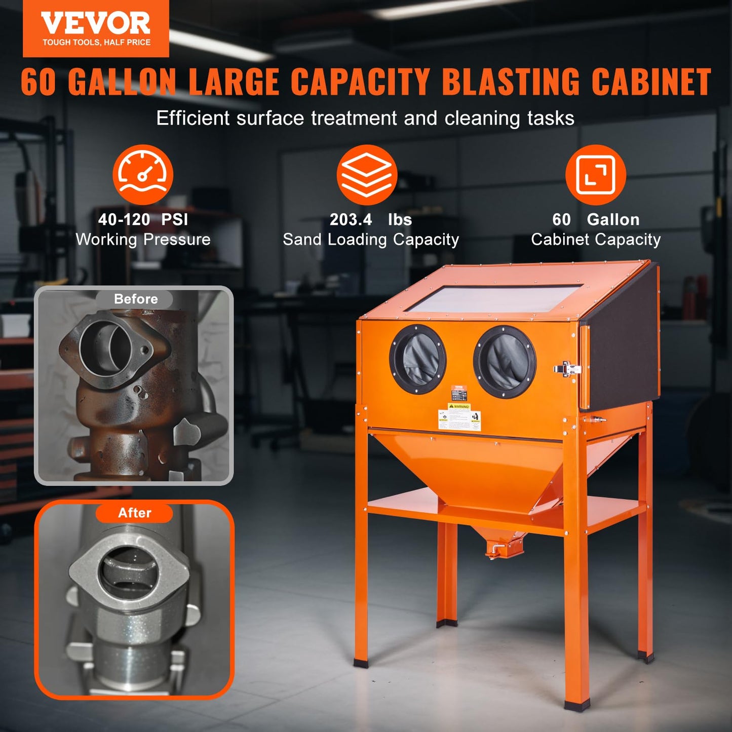 60 Gallon Sandblasting Cabinet, 40-120PSI Sand Blasting Cabinet with Stand, Heavy Duty Steel Sand Blaster with Blasting Gun & 4 Ceramic Nozzles for Paint, Stain, Rust Removal