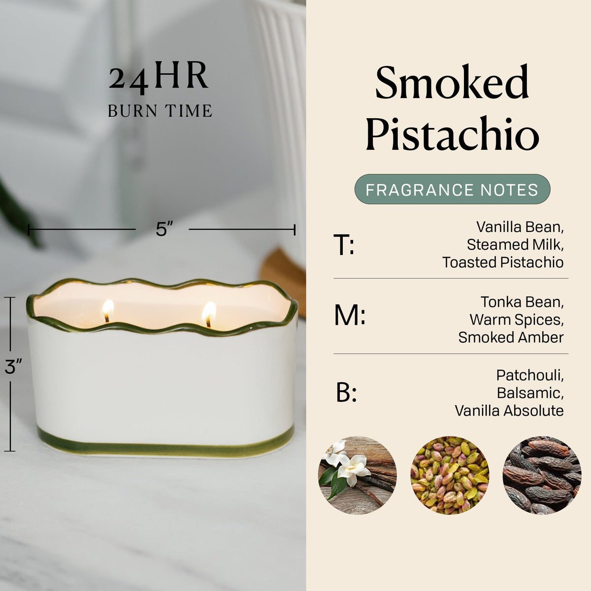 Paddywax CHÉRIE Ceramic Dish Candle, Soy Wax Candle, Poured with Love Ceramic Jar with Scalloped Lid, Reusable Vessel, 5.5 oz, Smoked Pistachio