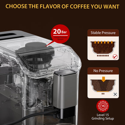 Super Automatic Espresso Machine & Coffee Maker, 20Bar Pressure, Built-in Conical Burr Grinder & Milk Frother, 6 One-Touch Recipes, Auto Clean, 1.5l Water Tank, for Home Office, 120v, Grey