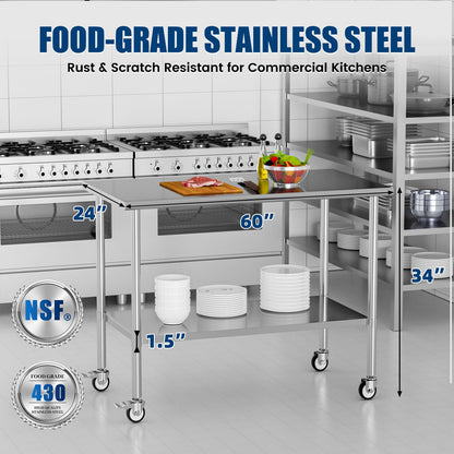 Chingoo Stainless Steel Work Table with Wheels, 24x60 Inch NSF Kitchen Prep Table with Adjustable Undershelf for Commercial Restaurant, Garage, Outdoor BBQ