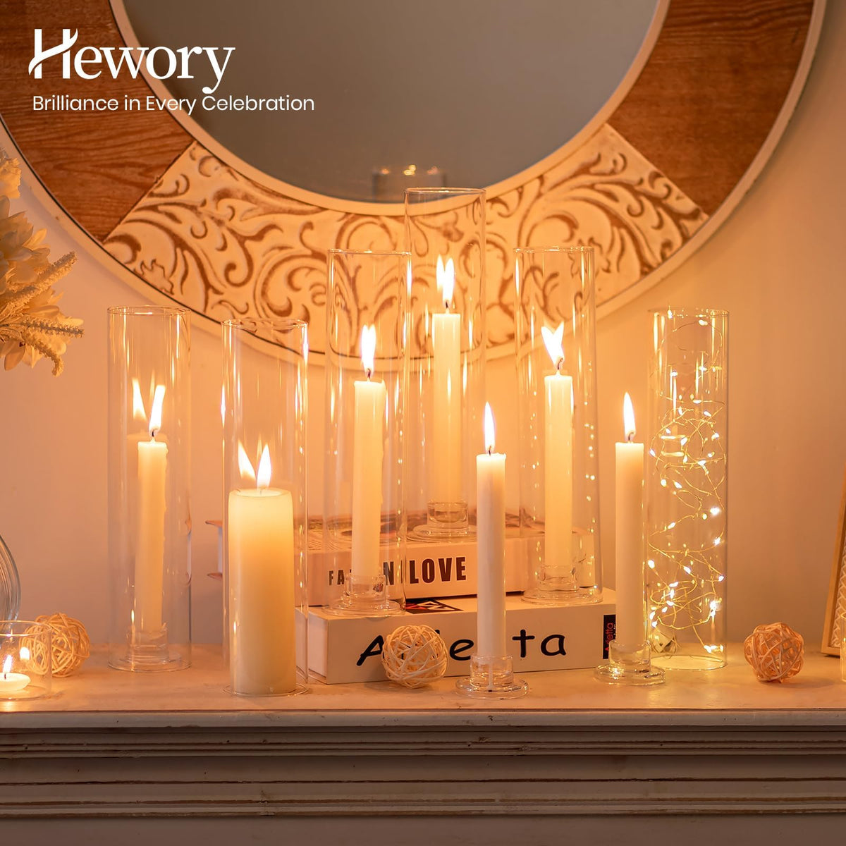 Hewory Hurricane Glass Candlestick Holders : 6 Pcs Clear Taper Candle Holders for Candlesticks - Hurricane Glass Candle Stick Candle Holders Bulk for Table Centerpiece Wedding Christmas Home Decor