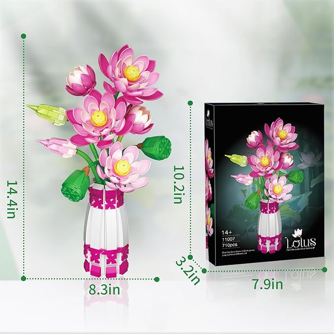 Lotus Flowers Botanical Building Set with Vase Compatible with Lego Flowers Botanicals Collection Pink Artifcial Flower Bouquet with Vase for Indoor Outdoor 710 PCS