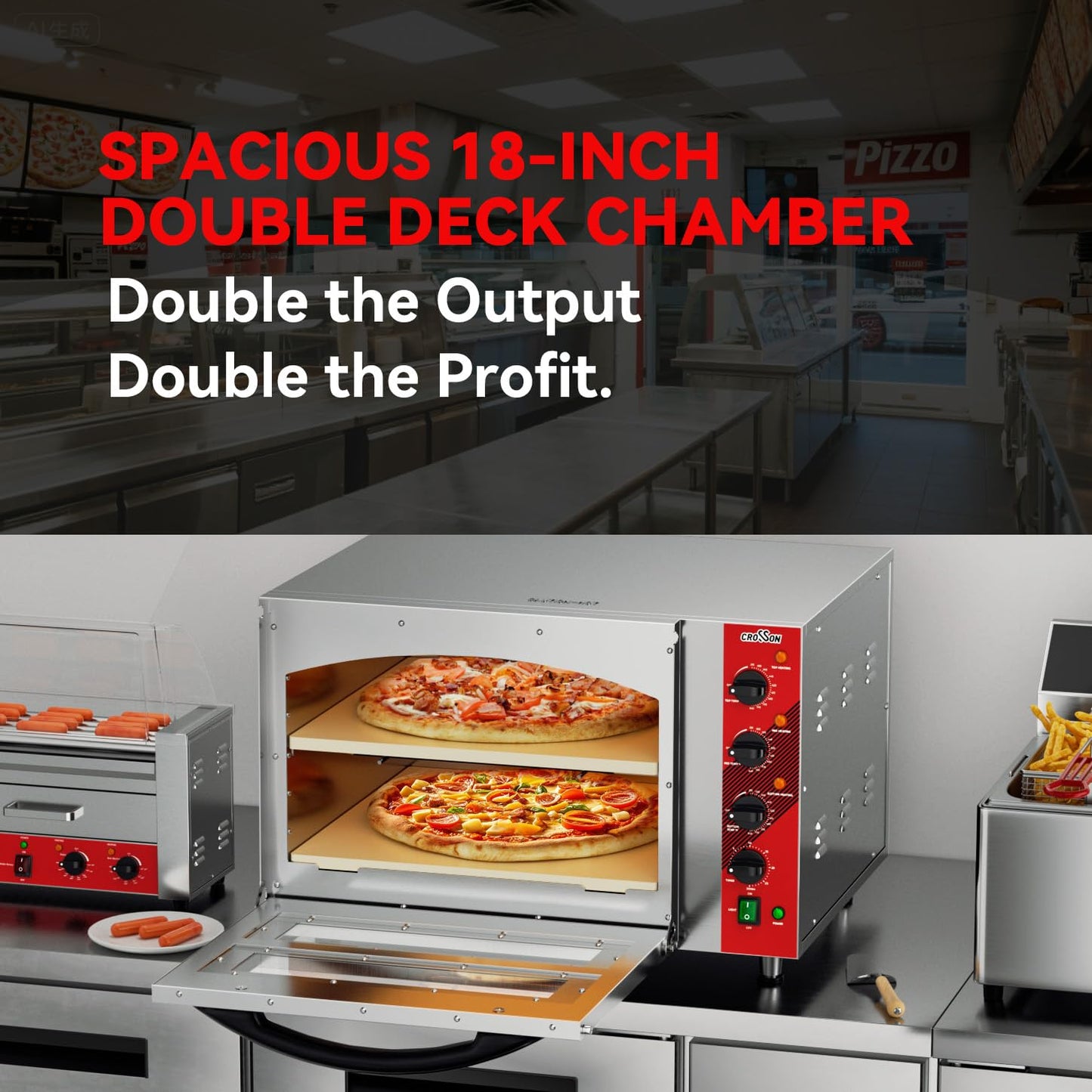 CROSSON Commercial Double Deck 18 Inch Countertop Electric Pizza Oven with 15mm Thick Pizza Stone, Indoor Pizza Bakery Oven for Commercial Use Only,240V/4500W