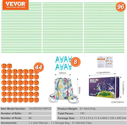 VEVOR Fort Building Kit for Kids 140PCS Glow in The Dark STEM Building Toys Educational Gift for 4 5 6 7 8+ Year Old Boys &amp Girls Indoor Outdoor Kids Fort Building Kit with 96 Rods and 44 Balls