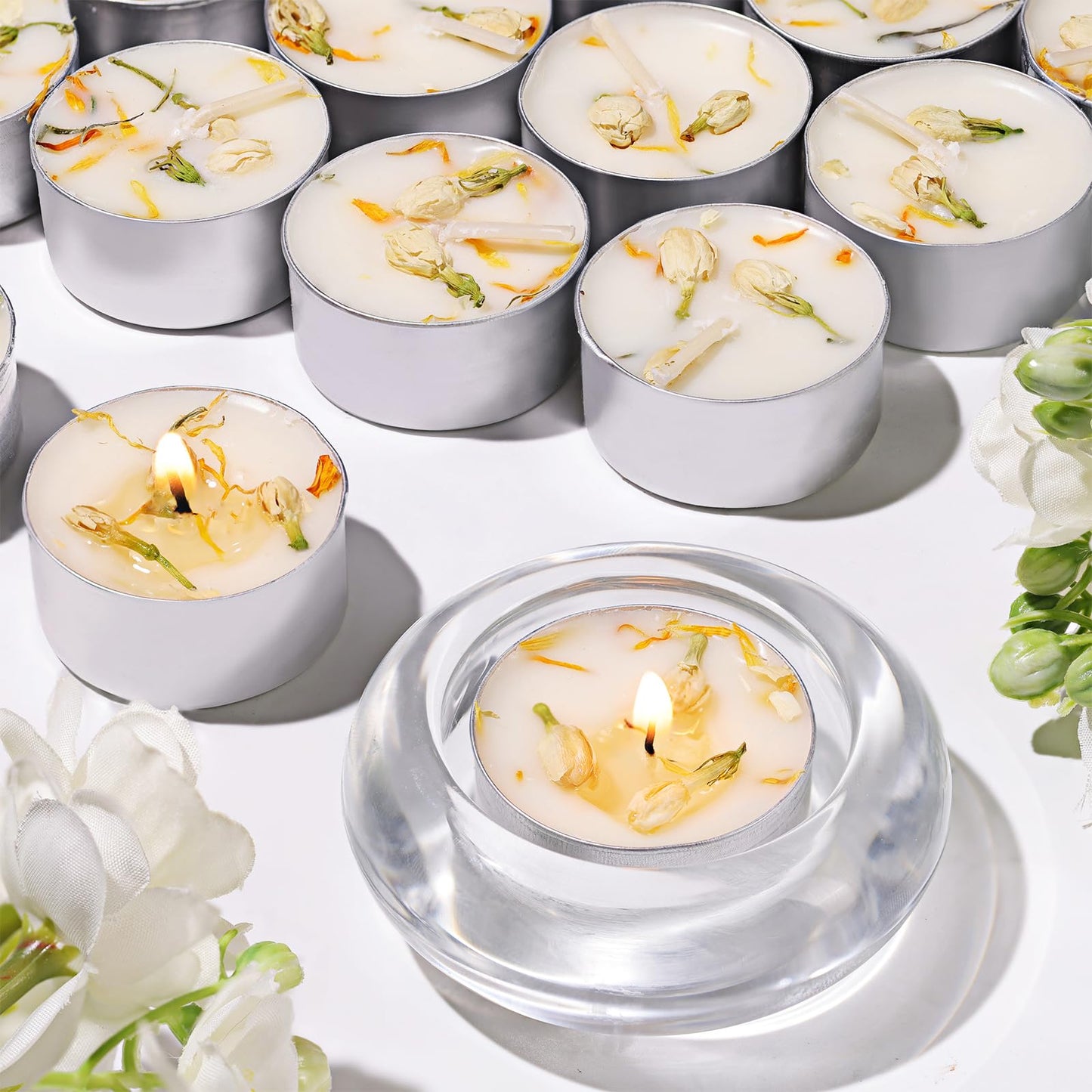 8 Pcs Jasmine Scented Tealight Candles, 6H Long Burning - 100% Palm Wax Based Scented Tea Lights with Dried Flowers, Non-Toxic/Smokeless Tea Lights Candles for Spa, Bath, Wedding
