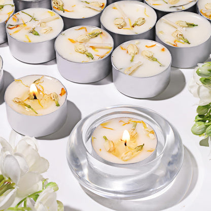 8 Pcs Jasmine Scented Tealight Candles, 6H Long Burning - 100% Palm Wax Based Scented Tea Lights with Dried Flowers, Non-Toxic/Smokeless Tea Lights Candles for Spa, Bath, Wedding