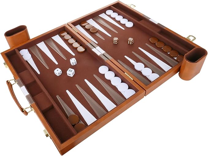 Backgammon Set - Classic Board Game with Premium Leather Case - Portable Travel Strategy Backgammon Game Set for Adults Kids (18inch Brown)