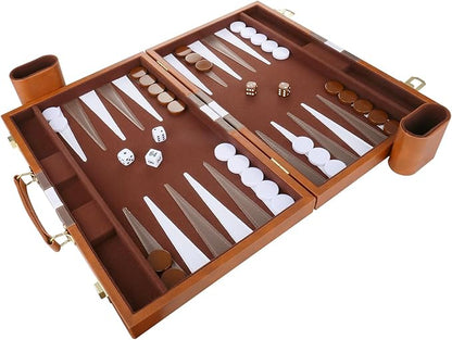 Backgammon Set - Classic Board Game with Premium Leather Case - Portable Travel Strategy Backgammon Game Set for Adults Kids (18inch Brown)