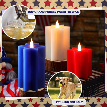 LCZLUMIPRO 3 Pack Star Shaped 4th of July Flameless Candles, Red White and Blue Patriotic Battery Operated LED Candles, Decorative Pillar Candles for Independence Day Home Party Decor