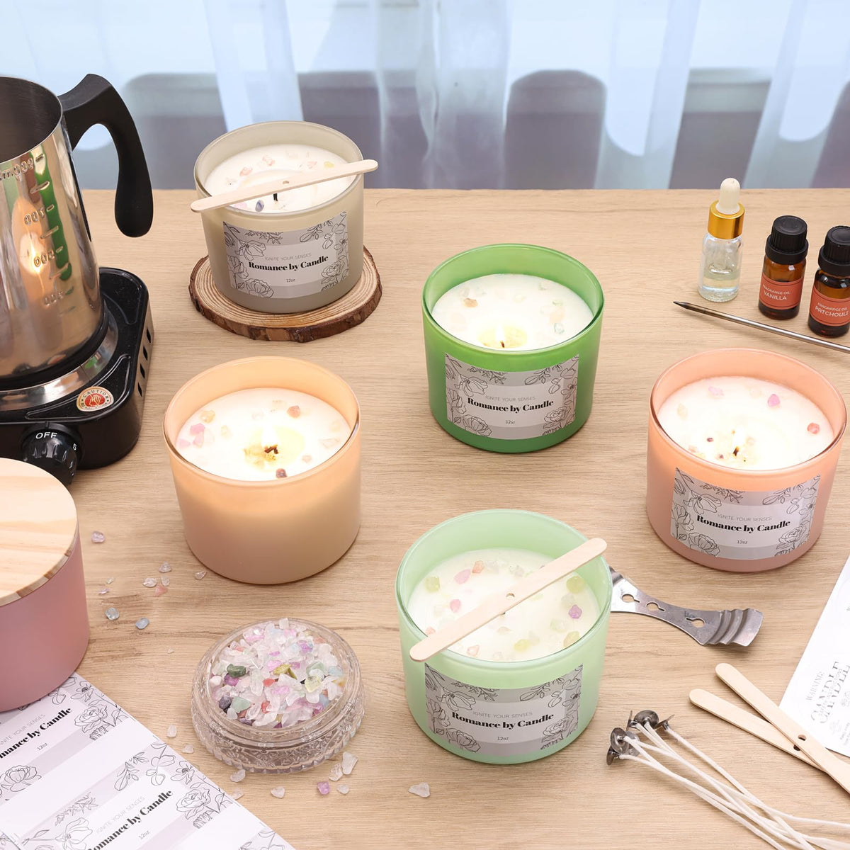 6Pcs Assorted Camel Candle Jars for Making Candles, 12oz Empty Candle Jars with Bamboo Lids,Labels and 100g Crystal Rocks, Glass Jars for Candle Making Supplies, Candle Containers for DIY Gifts