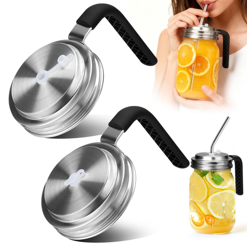 Palksky Mason Jar Lids with Straw Hole Wide Mouth, Stainless Steel Drinking Lid with Handle & Silicone Rings, Spill-Resistant Mason Jar Straw Lid for Iced Coffee, Juice, Lemonade (2 Packs)