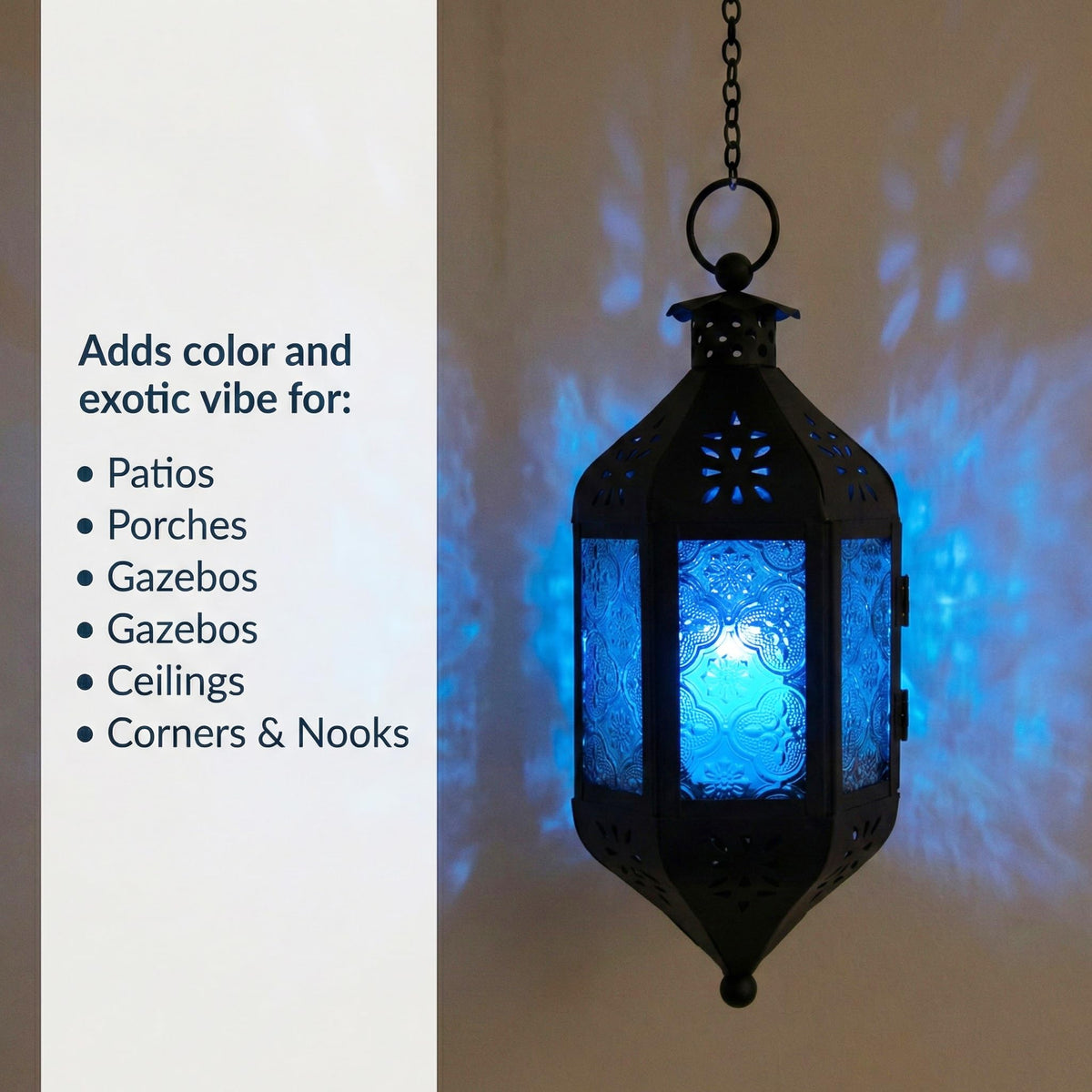 Vela Lanterns Hanging Moroccan Lamp - Exotic Decorative Patio & Porch Decor, Indoor Outdoor Tea Light Candle Lantern Holder with Chain (11" Medium, Blue Glass)
