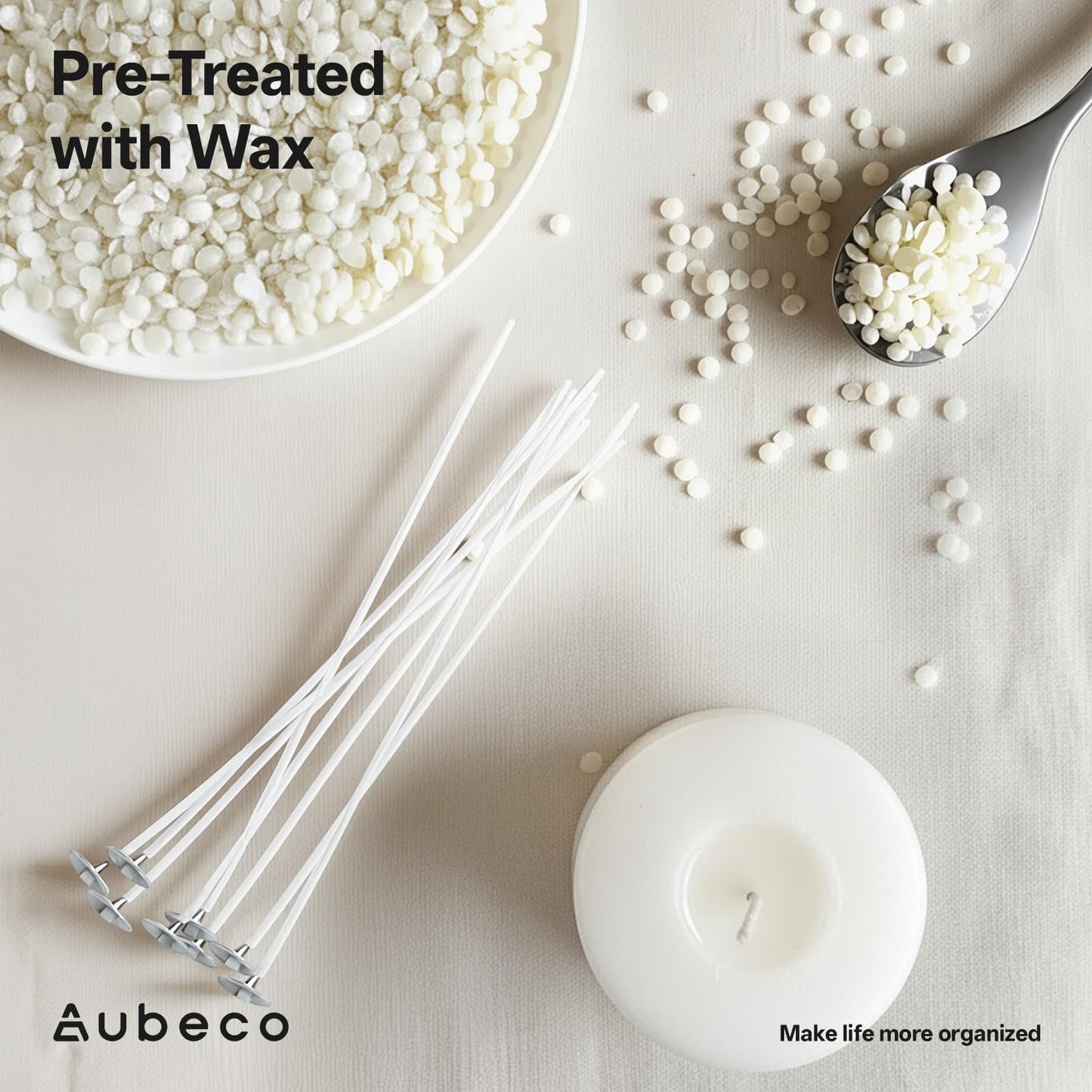 Aubeco 320Pcs 4/6/8 inch Pre Waxed Candle Wick with 320Pcs Wick Stickers and 10Pcs Candle Wick Holders, Bulk Cotton Candle Wicks for Candle Making, Soy Wax