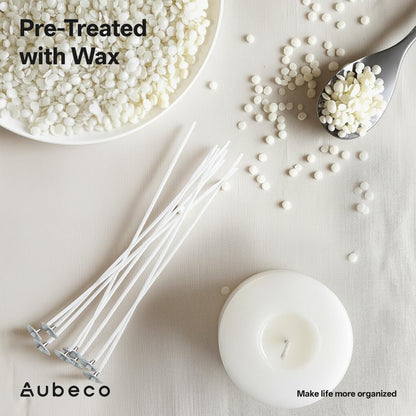 Aubeco 240Pcs 6 Inch Pre Waxed Candle Wick with 240Pcs Wick Stickers and 10Pcs Candle Wick Holders, Bulk Cotton Candle Wicks for Candle Making, Soy Wax