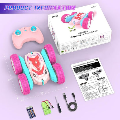 RC Stunt Cars Remote Control Car Double Sided 360° Flip Rotating 4WD 2.4Ghz Rechargeable Car Toy with Headlights For Outdoor &amp Indoor for 6-12 years old Kids Girls Boys Birthday Xmas Gift Pink