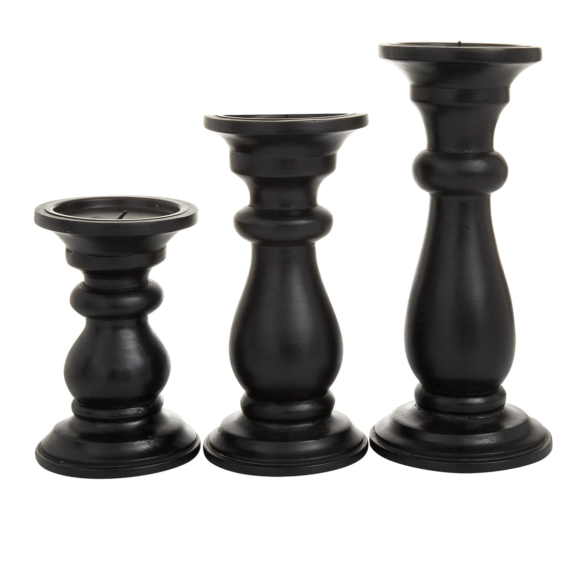 Deco 79 Mango Wood Decorative Candle Holder Turned Style Pillar Candle Stand, Set of 3 Candlestick Holder 10", 8", 6"H, Black