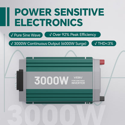 VEBU 3000W Pure Sine Wave Inverter with ATS Mode, 12V DC to AC 120V Converter for Off-Grid System, RV, Truck, Camping, Peak 6000W