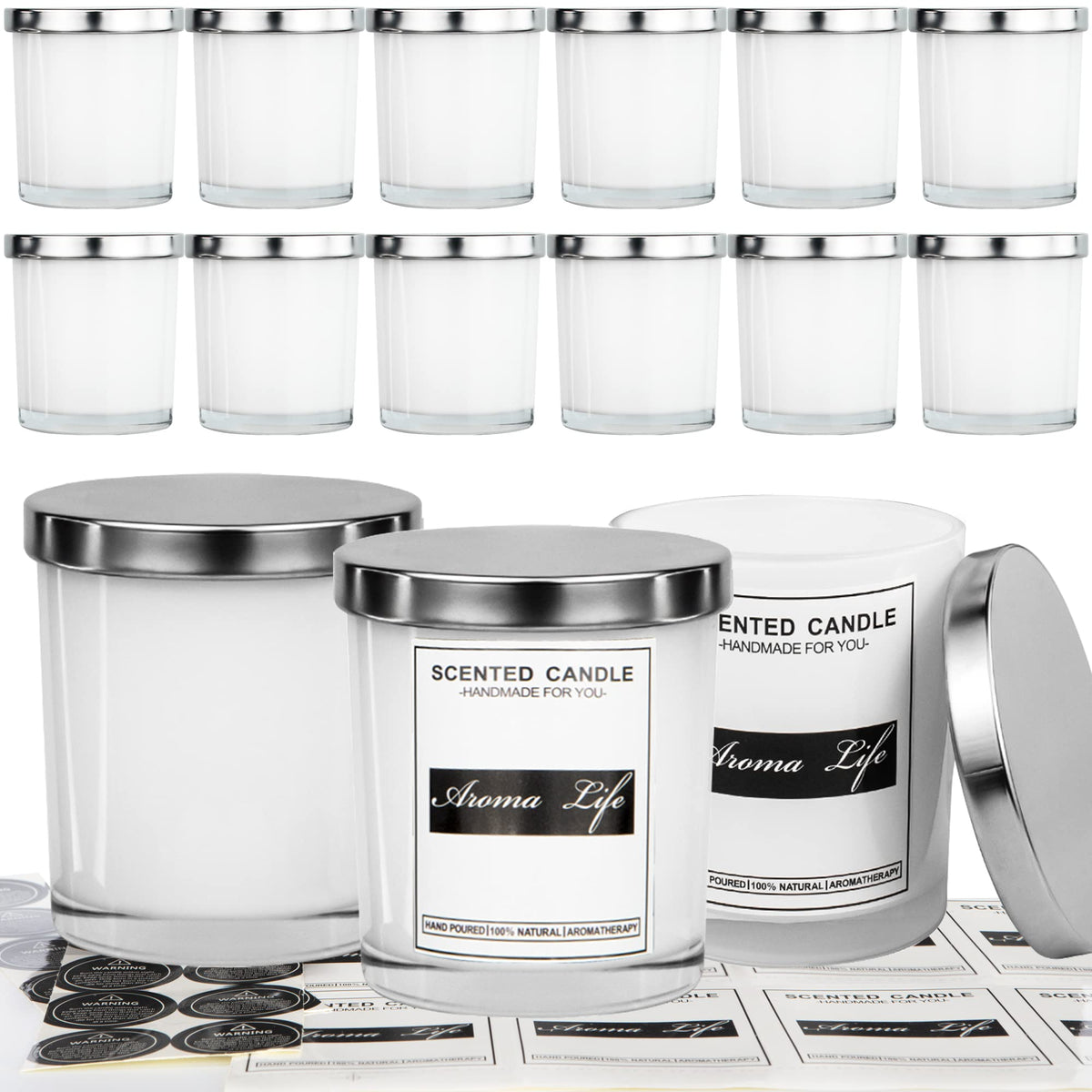 Creahaus 10oz, 16 Pack Thick Candle Jars with Metal Lids for Making Candles, Bulk Inner White Empty Glass Candle Containers & Sticky Labels, Warming Labels Kit, Heat Resistant Candle Vessels