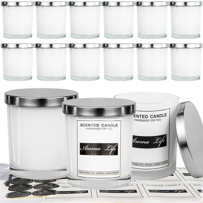 Creahaus 10oz, 16 Pack Thick Candle Jars with Metal Lids for Making Candles, Bulk Inner White Empty Glass Candle Containers & Sticky Labels, Warming Labels Kit, Heat Resistant Candle Vessels