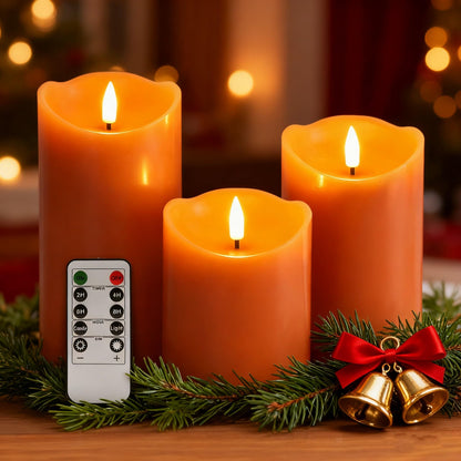 Eywamage Orange Flameless Pillar Candles with Remote, Flickering Real Wax LED Battery Candles Home Table Decor Set of 3