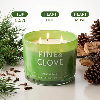 Pine & Clove Scented Candle, Luxury Large 3 Wick Soy Candle 12 Oz, 60+ Hour Long Lasting Clean Burn, Elegant Aromatherapy Home Decor, Housewarming & Birthday Gift for Men & Women